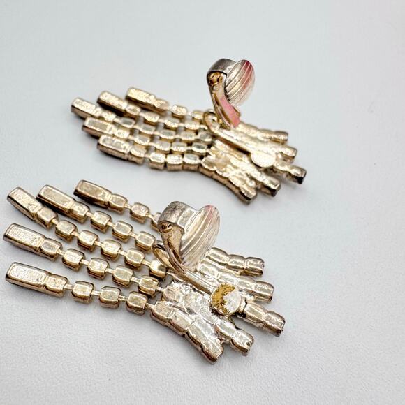 Vintage Art Deco Style Rhinestone Fringe Chandelier Clip On Earrings Regency - Picture 8 of 12